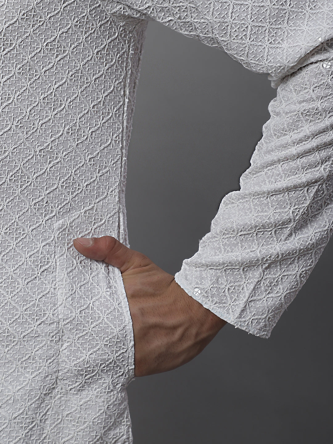 Jompers Men's White Chikankari Embroidered and Sequence Kurta with Pyjama | Grocsy