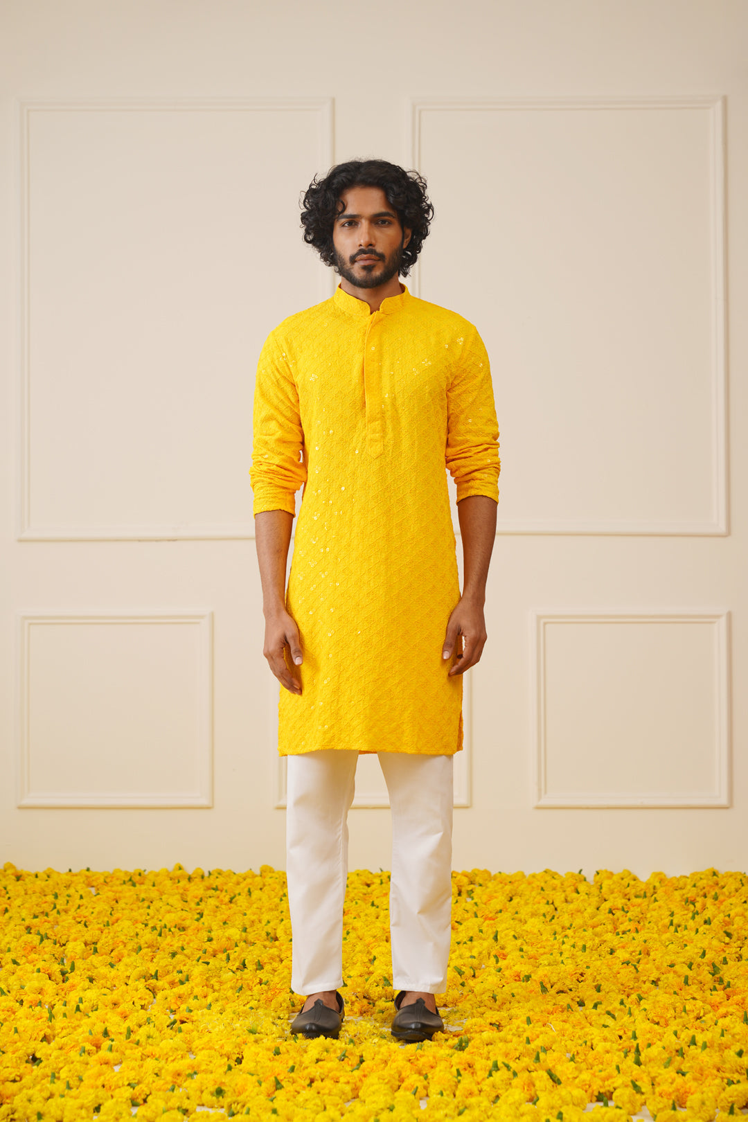 Jompers Men's Yellow Chikankari Embroidered and Sequence Kurta with Pyjama | Grocsy