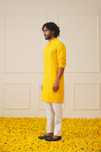 Jompers Men's Yellow Chikankari Embroidered and Sequence Kurta | Grocsy