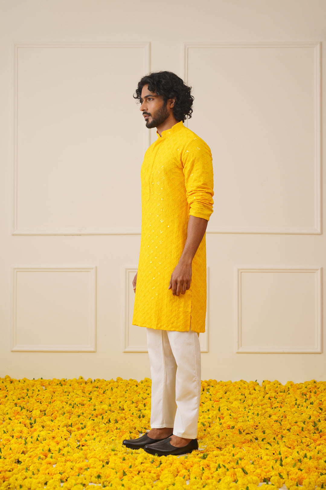Jompers Men's Yellow Chikankari Embroidered and Sequence Kurta | Grocsy