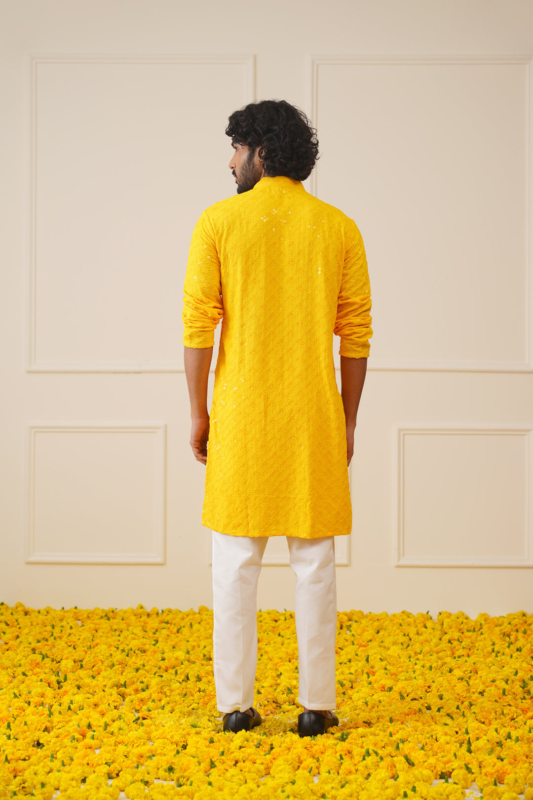 Jompers Men's Yellow Chikankari Embroidered and Sequence Kurta with Pyjama | Grocsy
