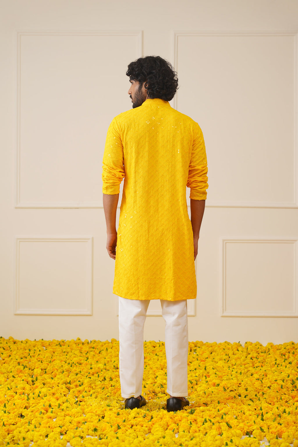 Jompers Men's Yellow Chikankari Embroidered and Sequence Kurta | Grocsy