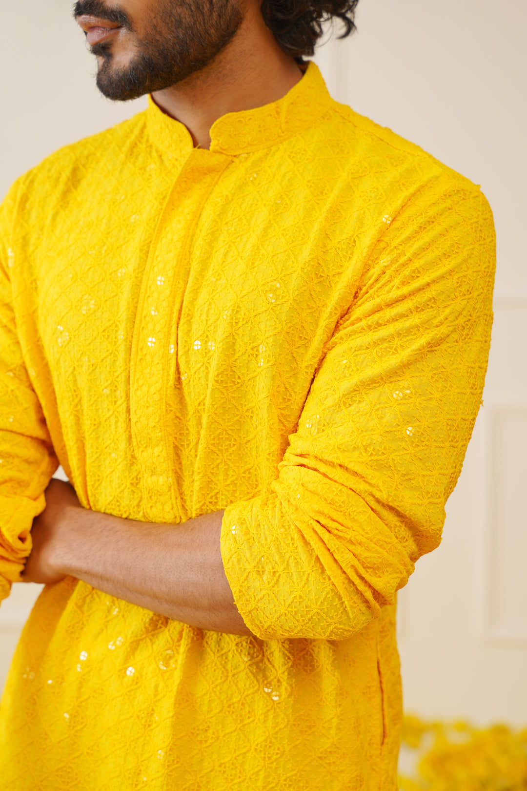 Jompers Men's Yellow Chikankari Embroidered and Sequence Kurta with Pyjama | Grocsy