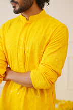 Jompers Men's Yellow Chikankari Embroidered and Sequence Kurta | Grocsy