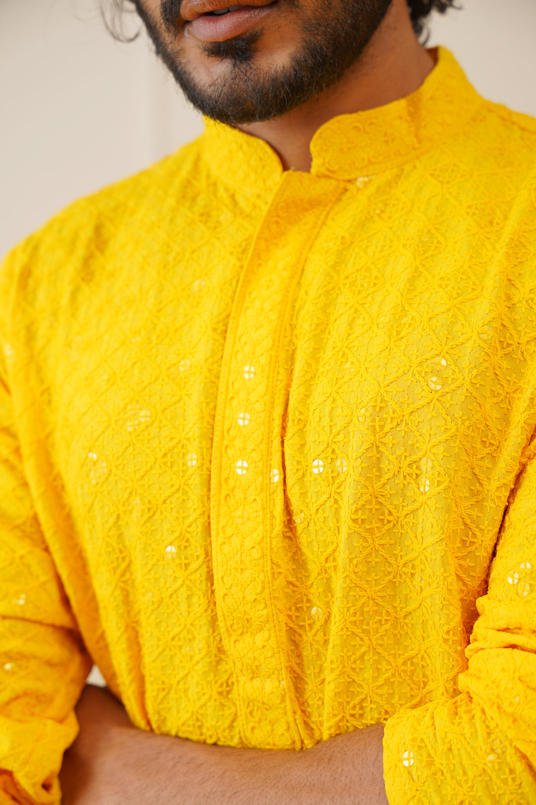 Jompers Men's Yellow Chikankari Embroidered and Sequence Kurta with Pyjama | Grocsy