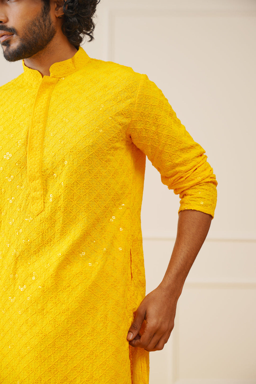Jompers Men's Yellow Chikankari Embroidered and Sequence Kurta with Pyjama | Grocsy