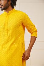 Jompers Men's Yellow Chikankari Embroidered and Sequence Kurta | Grocsy