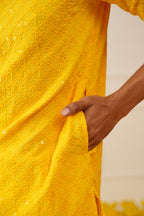 Jompers Men's Yellow Chikankari Embroidered and Sequence Kurta | Grocsy