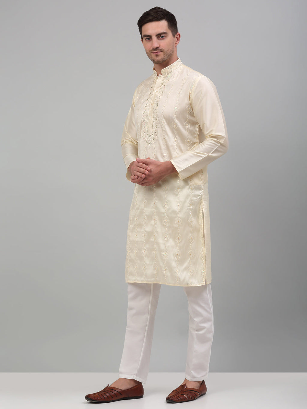Jompers Men's Cream Embroidered Kurta with Pyjama | Grocsy