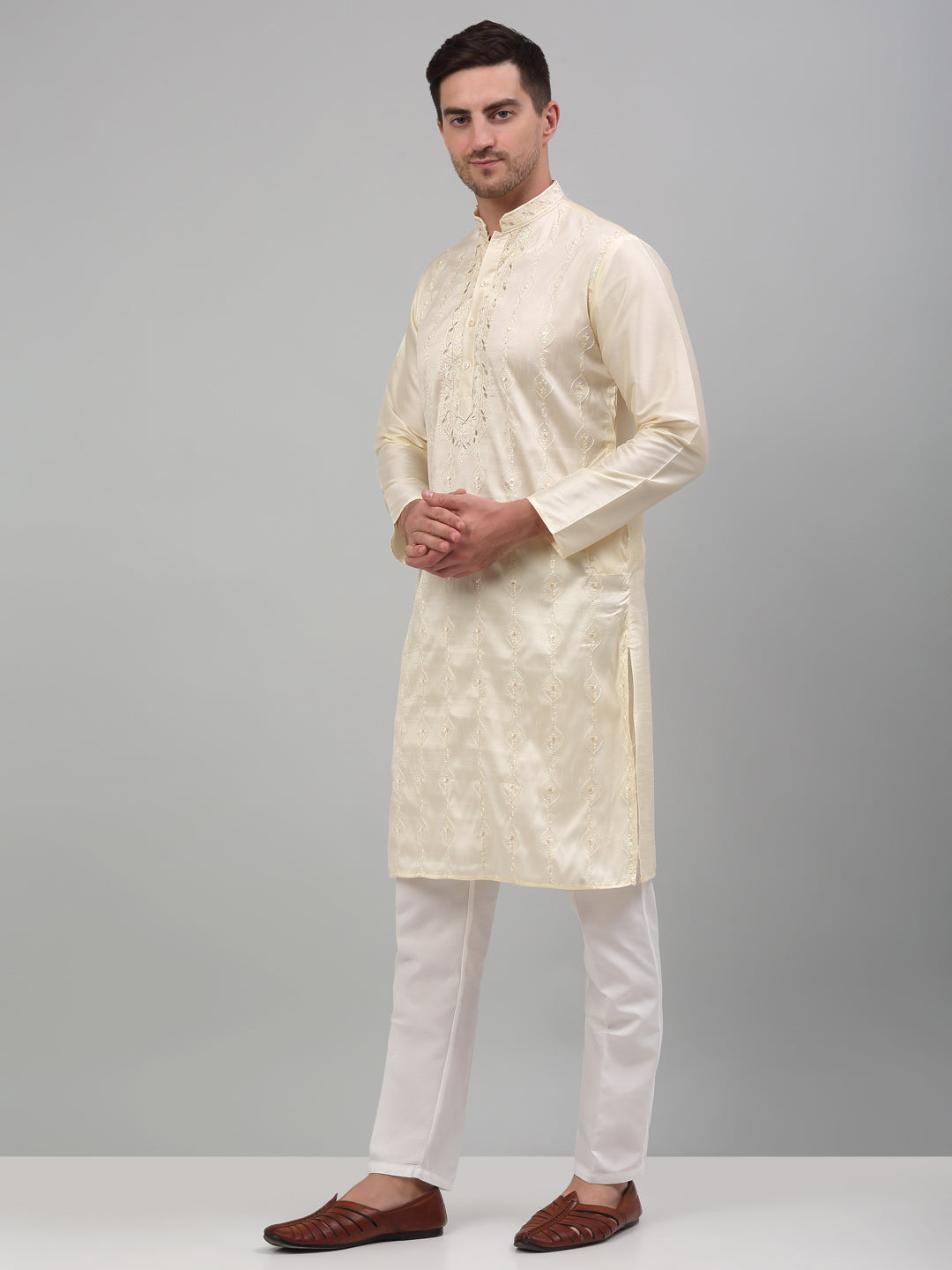 Jompers Men's Cream Embroidered Kurta with Pyjama | Grocsy