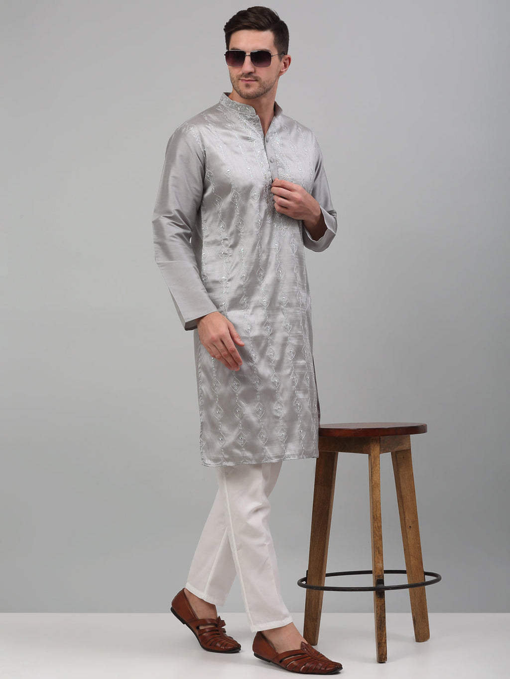Jompers Men's Grey Embroidered Kurta with Pyjama | Grocsy