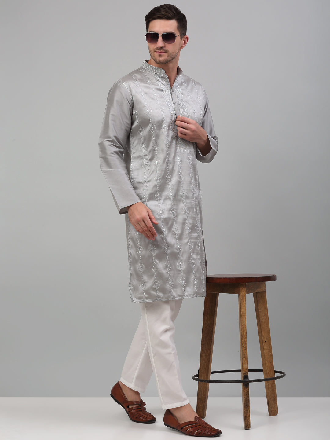 Jompers Men's Grey Embroidered Kurta with Pyjama | Grocsy