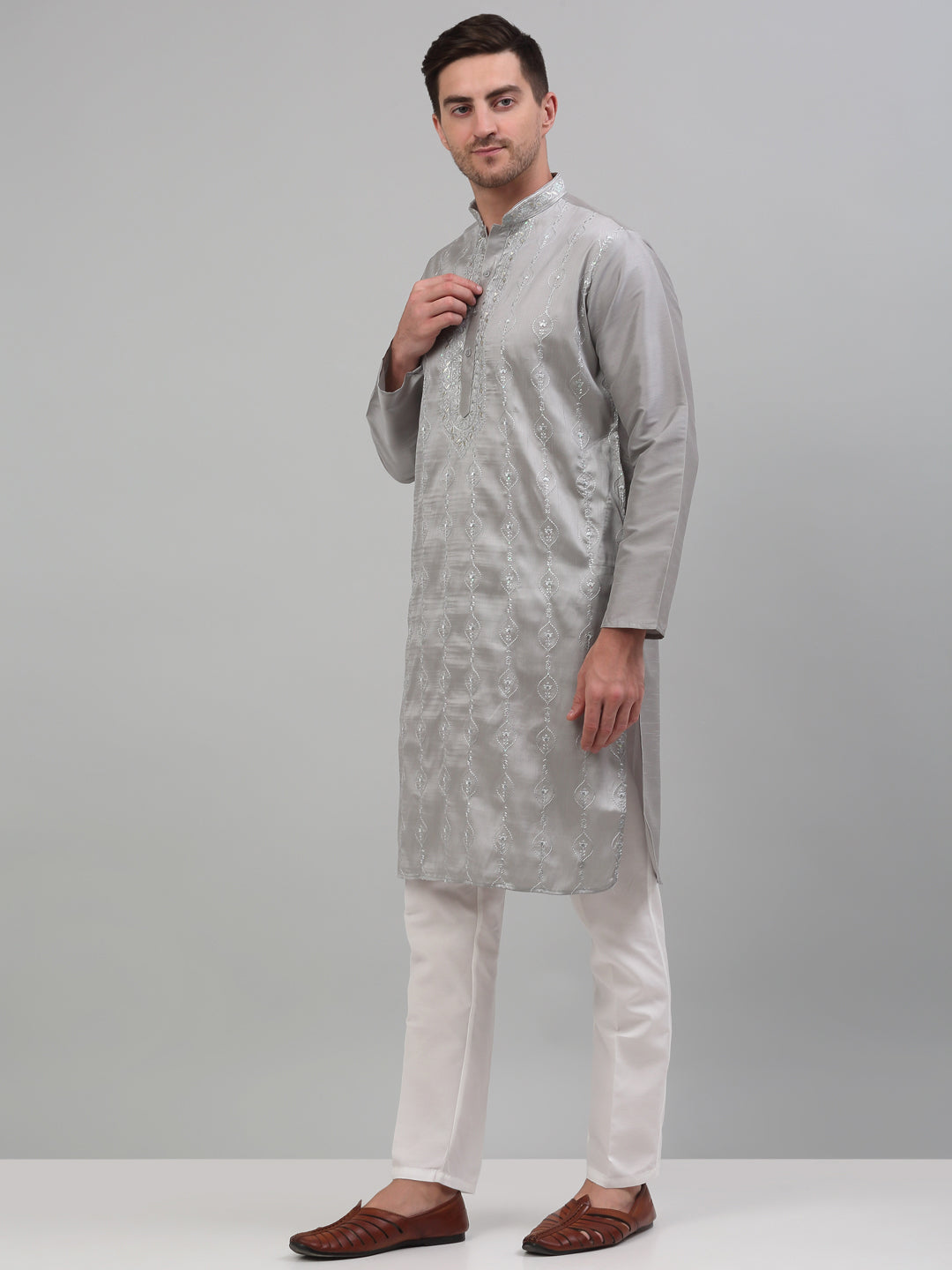 Jompers Men's Grey Embroidered Kurta with Pyjama | Grocsy