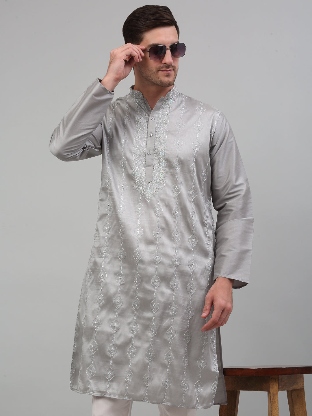 Jompers Men's Grey Embroidered Kurta with Pyjama | Grocsy