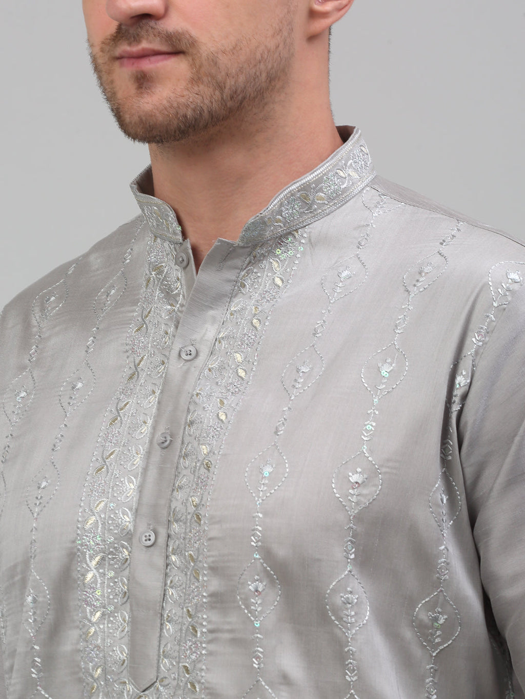 Jompers Men's Grey Embroidered Kurta with Pyjama | Grocsy