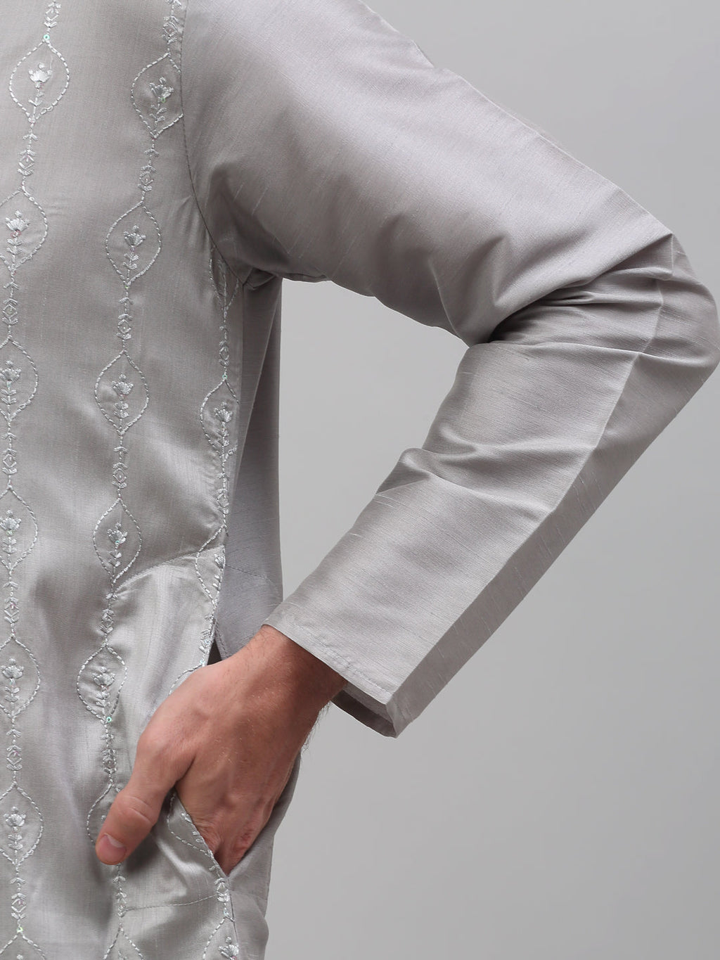 Jompers Men's Grey Embroidered Kurta with Pyjama | Grocsy