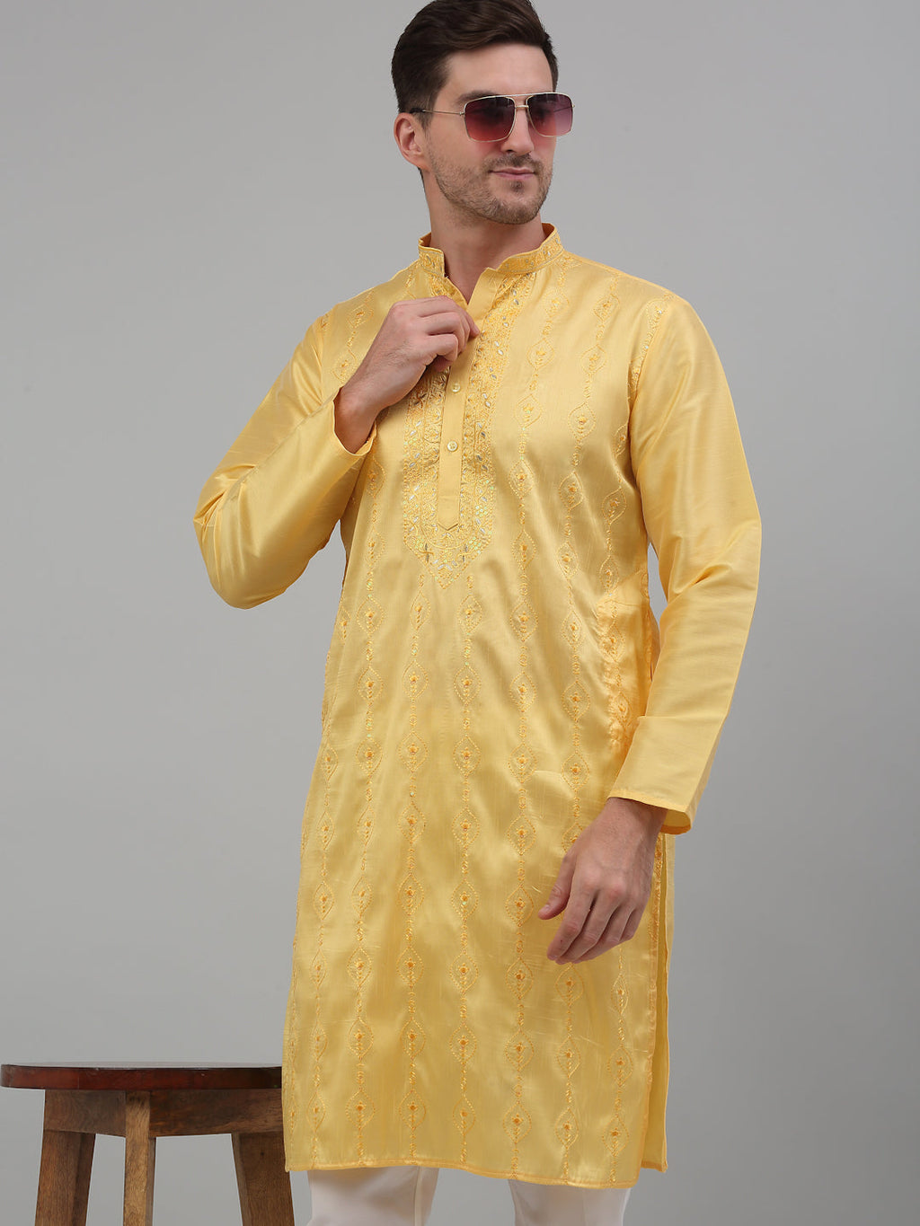 Jompers Men's Yellow Embroidered Kurta with Pyjama | Grocsy