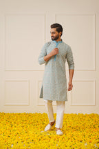 Jompers Men's Blue Embroidered Kurta with Pyjama | Grocsy