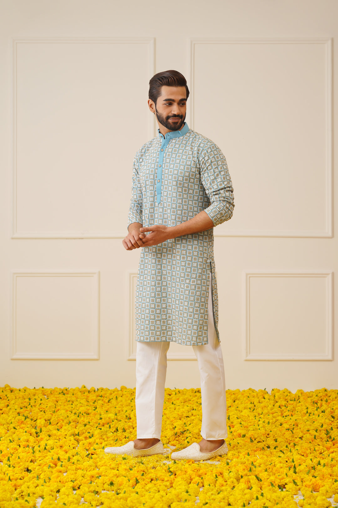 Jompers Men's Blue Embroidered Kurta with Pyjama | Grocsy