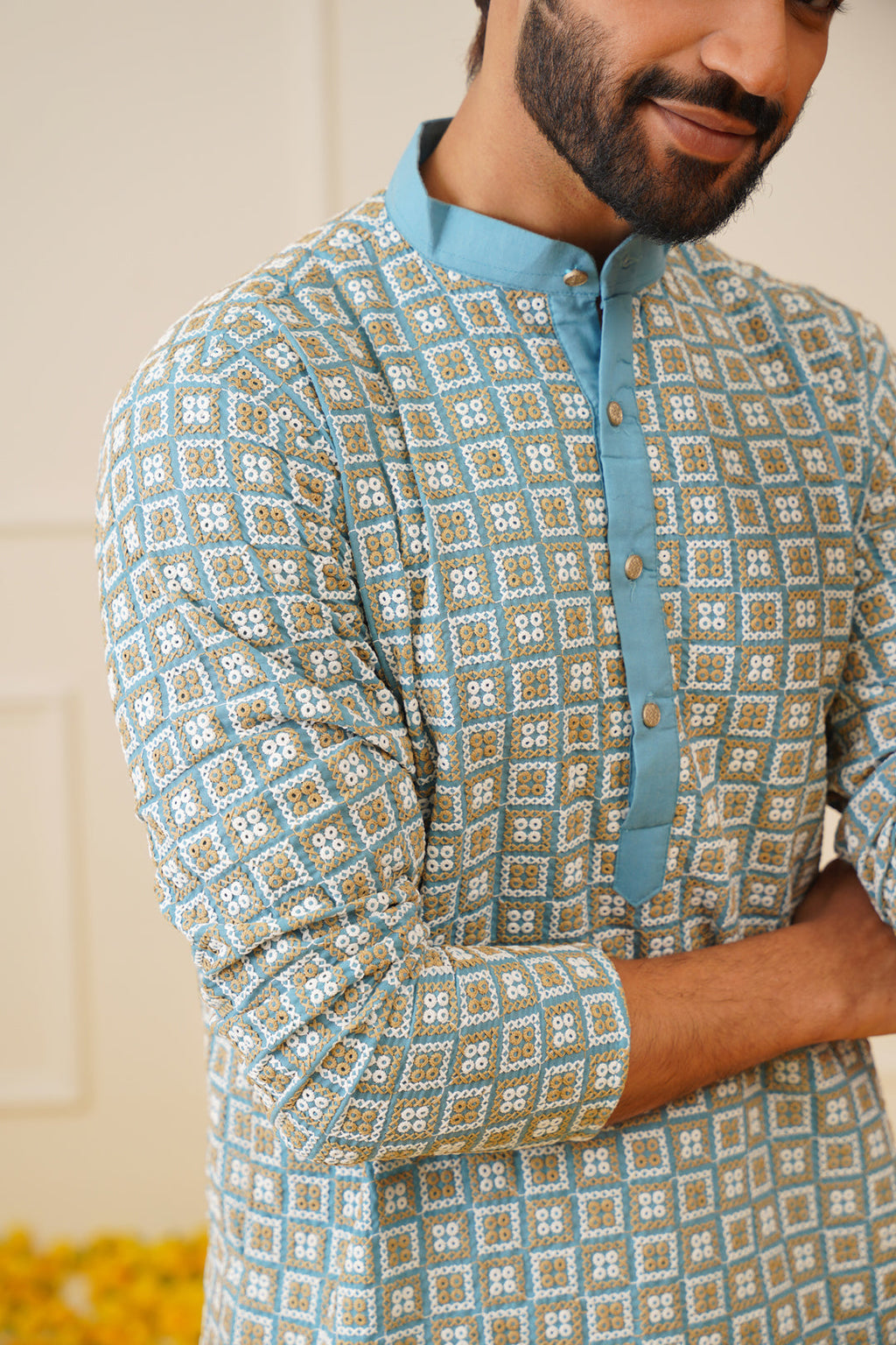 Jompers Men's Blue Embroidered Kurta with Pyjama | Grocsy