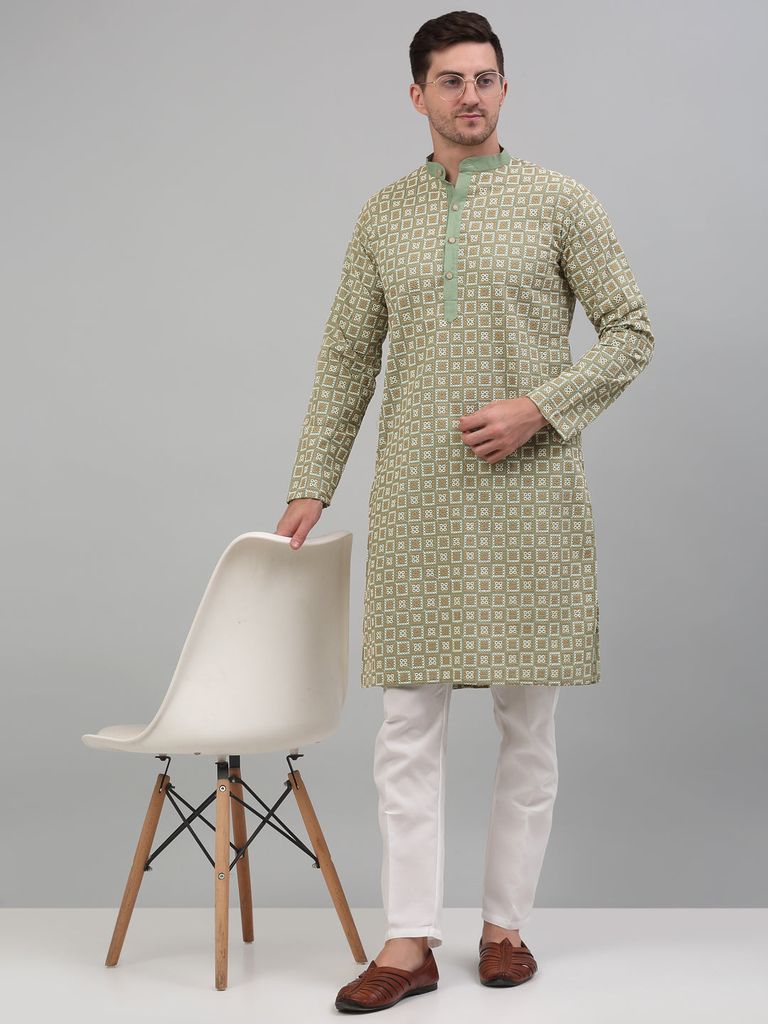 Jompers Men's Green Embroidered Kurta with Pyjama | Grocsy