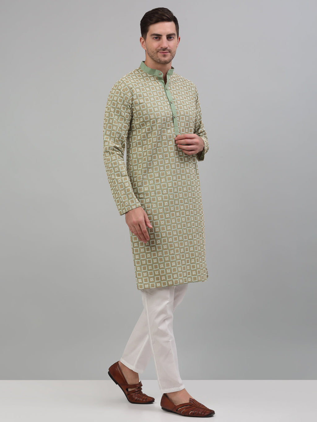 Jompers Men's Green Embroidered Kurta with Pyjama | Grocsy
