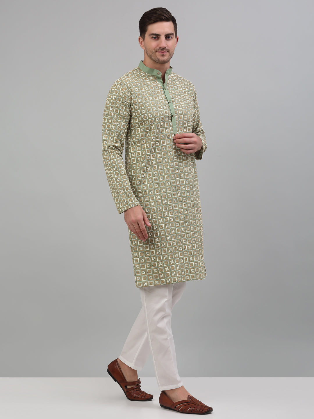 Jompers Men's Green Embroidered Kurta with Pyjama | Grocsy