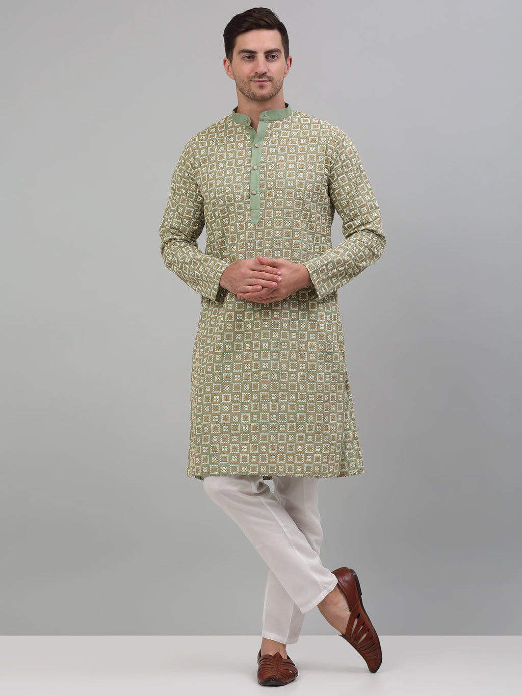 Jompers Men's Green Embroidered Kurta with Pyjama | Grocsy