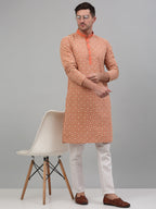 Jompers Men's Peach Embroidered Kurta with Pyjama | Grocsy