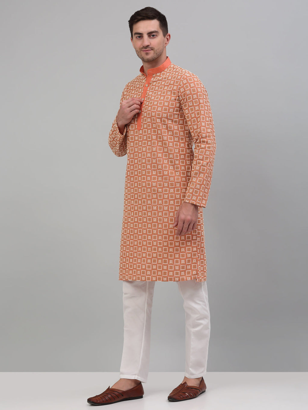 Jompers Men's Peach Embroidered Kurta with Pyjama | Grocsy