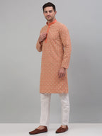 Jompers Men's Peach Embroidered Kurta with Pyjama | Grocsy