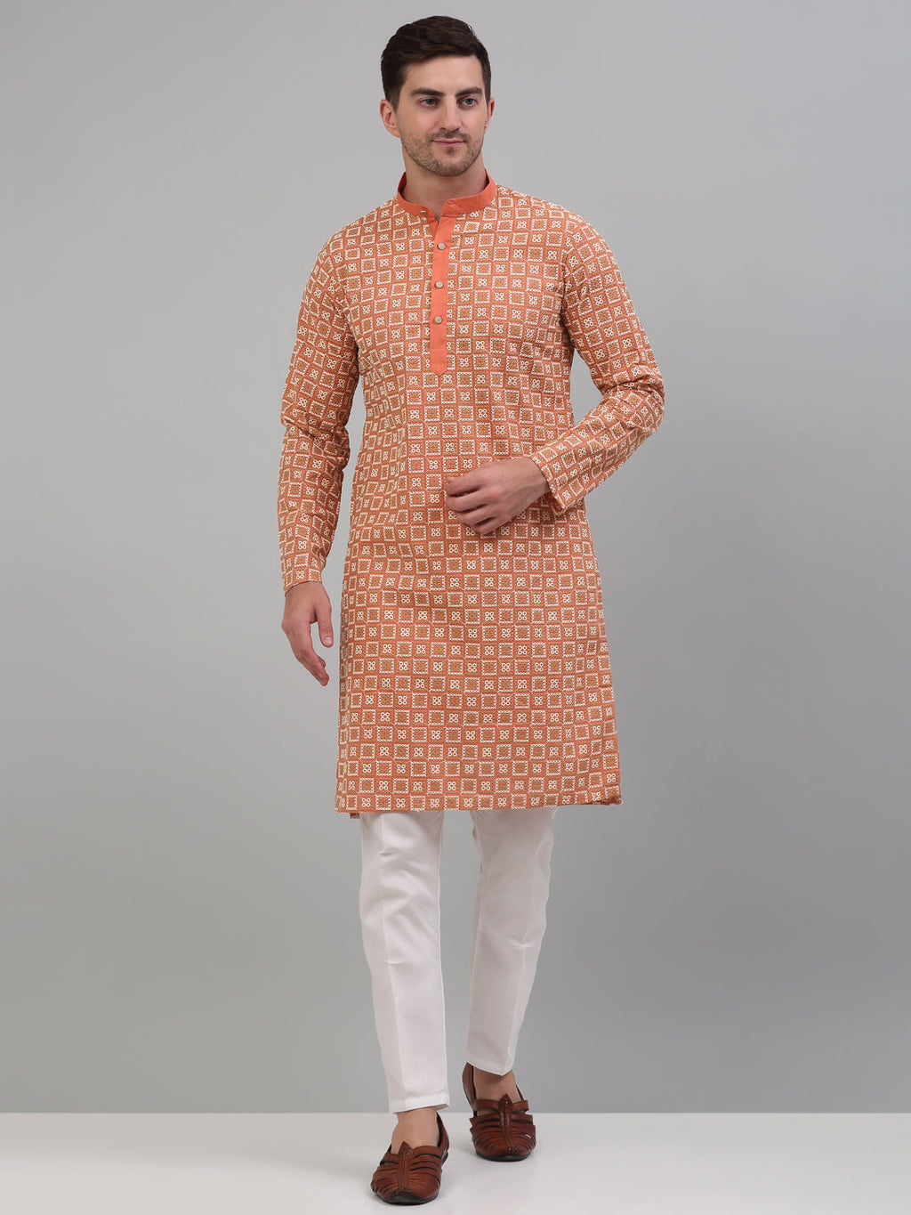 Jompers Men's Peach Embroidered Kurta with Pyjama | Grocsy