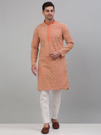 Jompers Men's Peach Embroidered Kurta with Pyjama | Grocsy