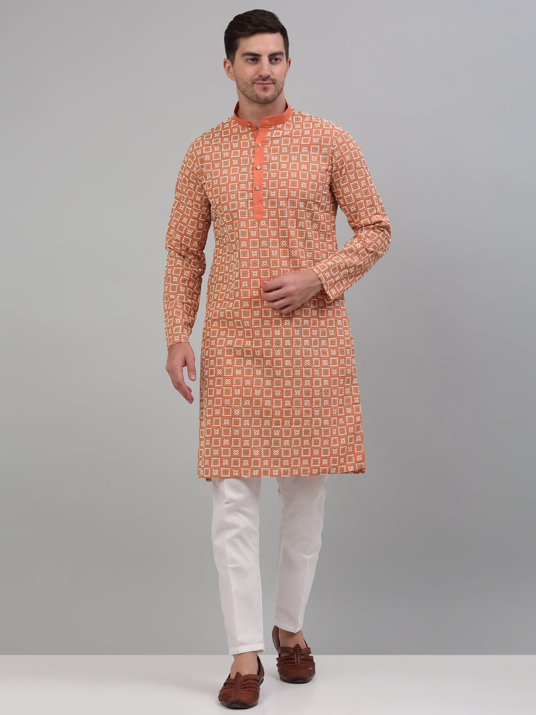 Jompers Men's Peach Embroidered Kurta with Pyjama | Grocsy
