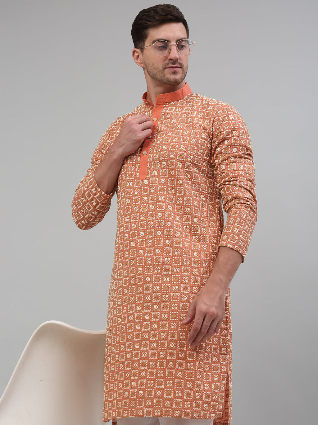 Jompers Men's Peach Embroidered Kurta with Pyjama | Grocsy