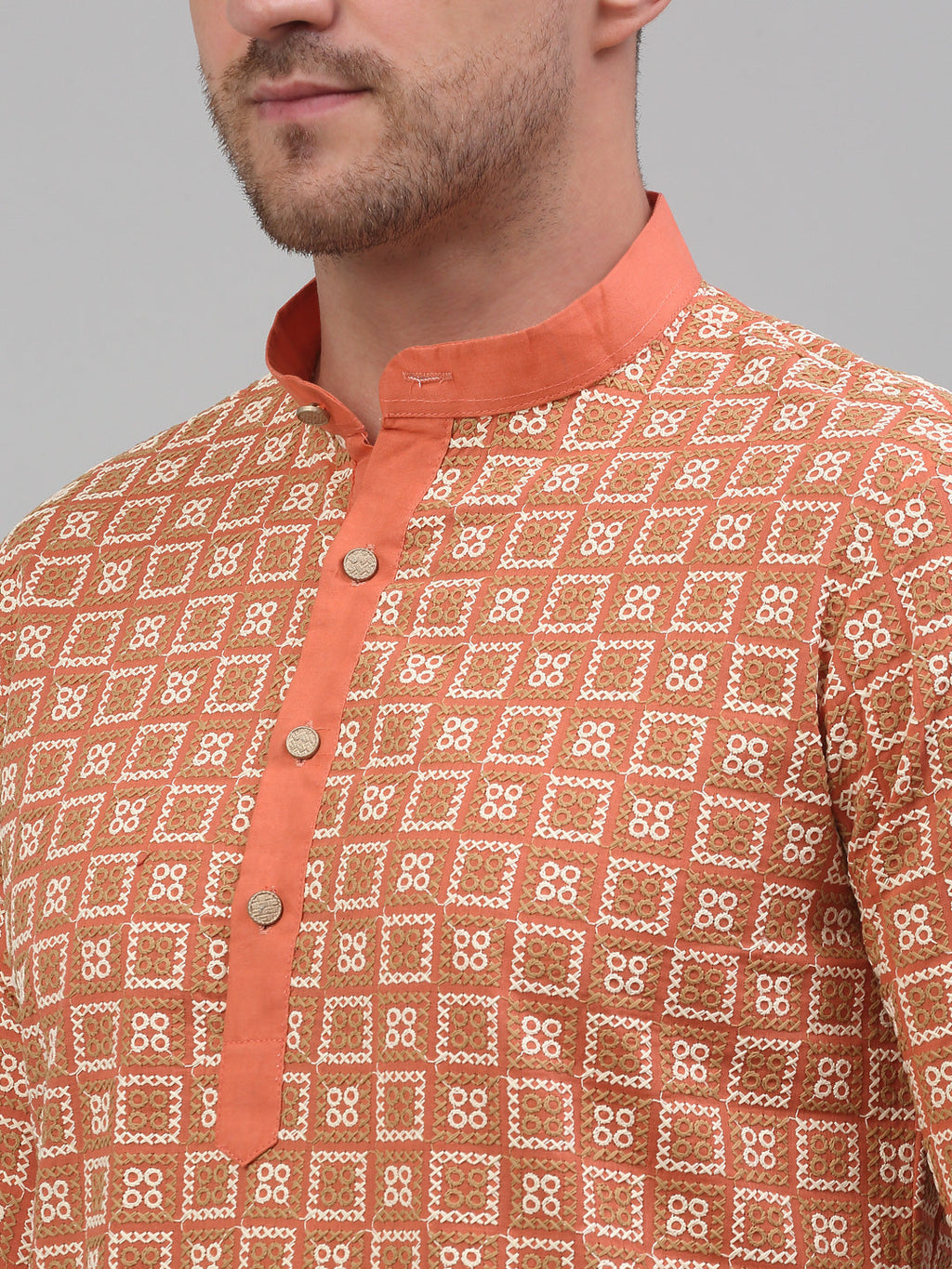 Jompers Men's Peach Embroidered Kurta with Pyjama | Grocsy
