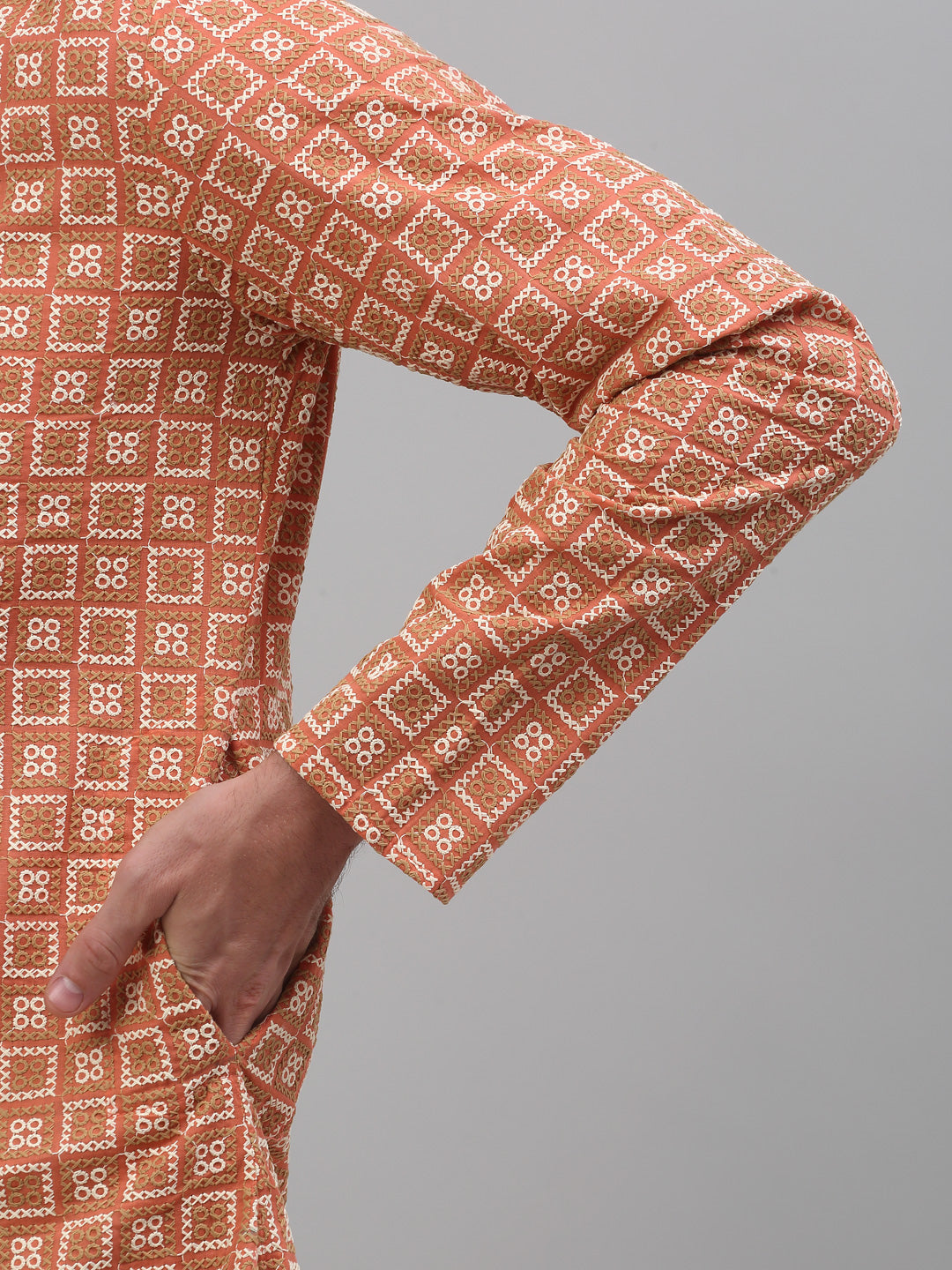 Jompers Men's Peach Embroidered Kurta with Pyjama | Grocsy