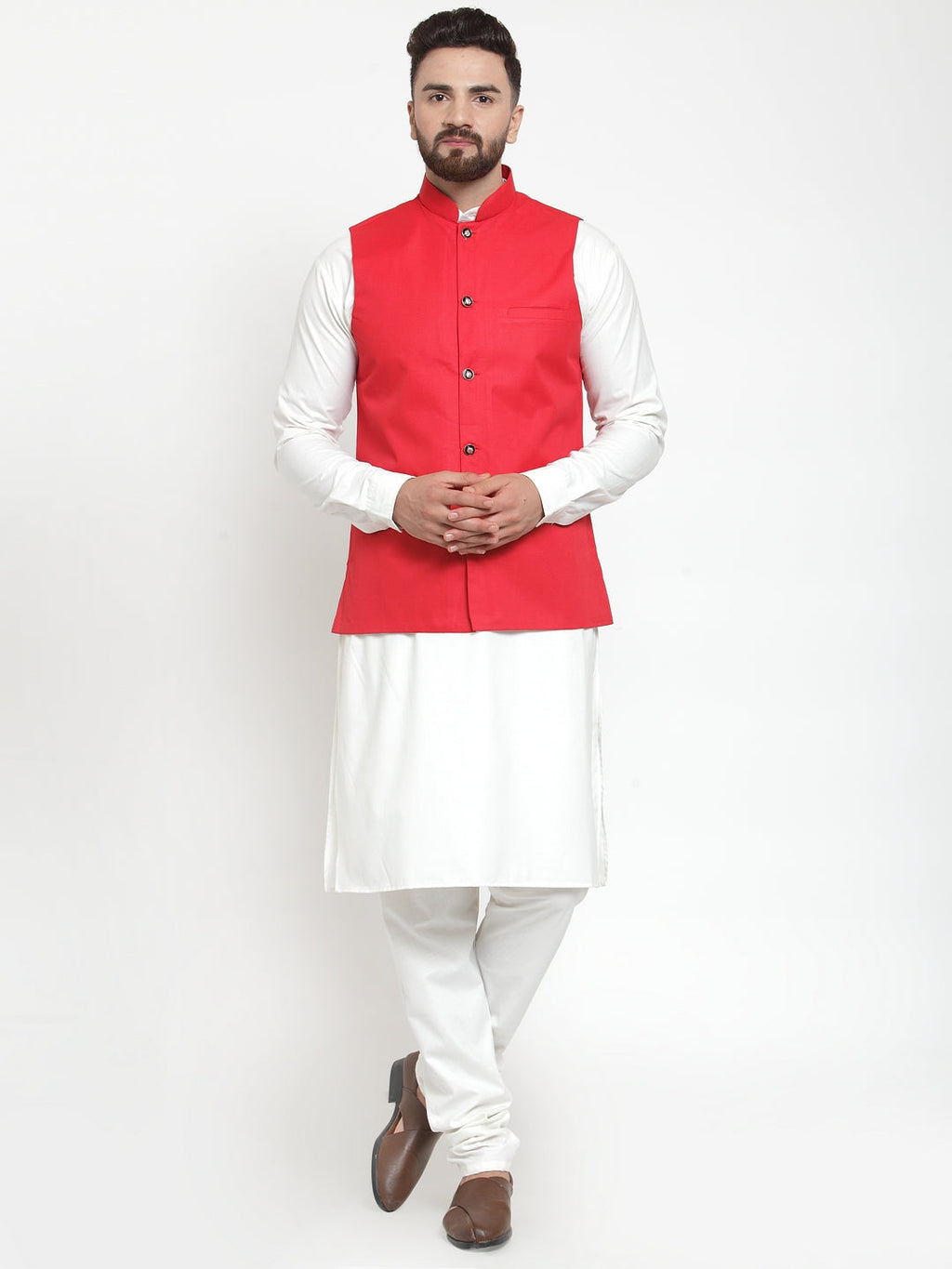 Jompers Men's Solid Kurta Pajama with Solid Red Waistcoat | Grocsy