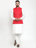 Jompers Men's Solid Kurta Pajama with Solid Red Waistcoat | Grocsy