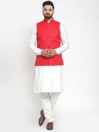 Jompers Men's Solid Kurta Pajama with Solid Red Waistcoat | Grocsy