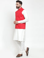 Jompers Men's Solid Kurta Pajama with Solid Red Waistcoat | Grocsy