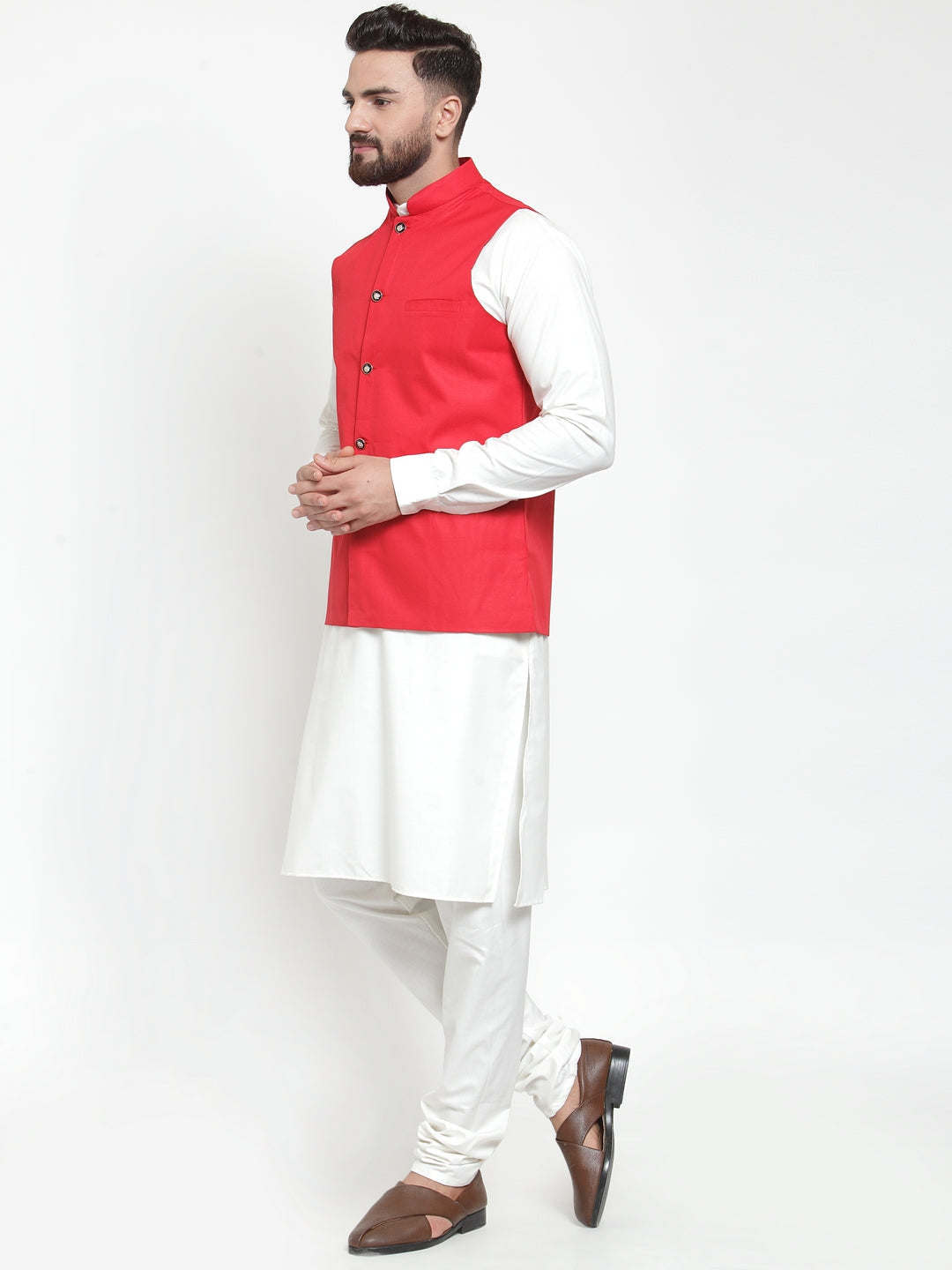 Jompers Men's Solid Kurta Pajama with Solid Red Waistcoat | Grocsy