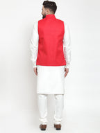 Jompers Men's Solid Kurta Pajama with Solid Red Waistcoat | Grocsy