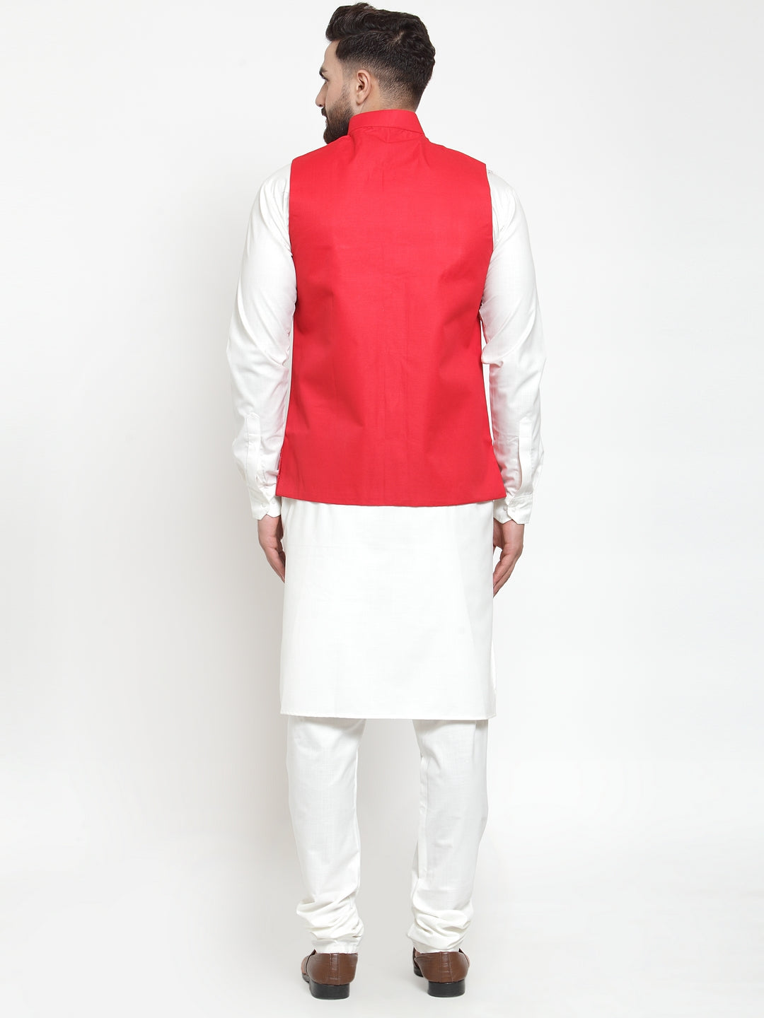 Jompers Men's Solid Kurta Pajama with Solid Red Waistcoat | Grocsy