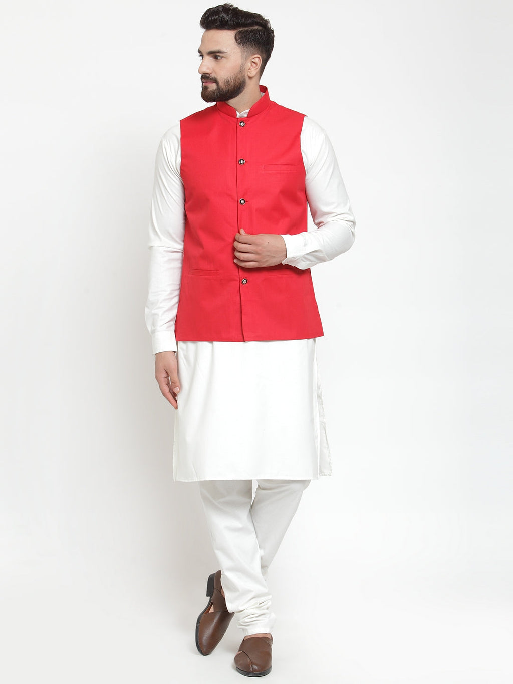 Jompers Men's Solid Kurta Pajama with Solid Red Waistcoat | Grocsy