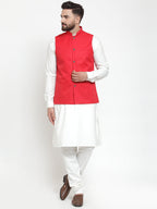 Jompers Men's Solid Kurta Pajama with Solid Red Waistcoat | Grocsy