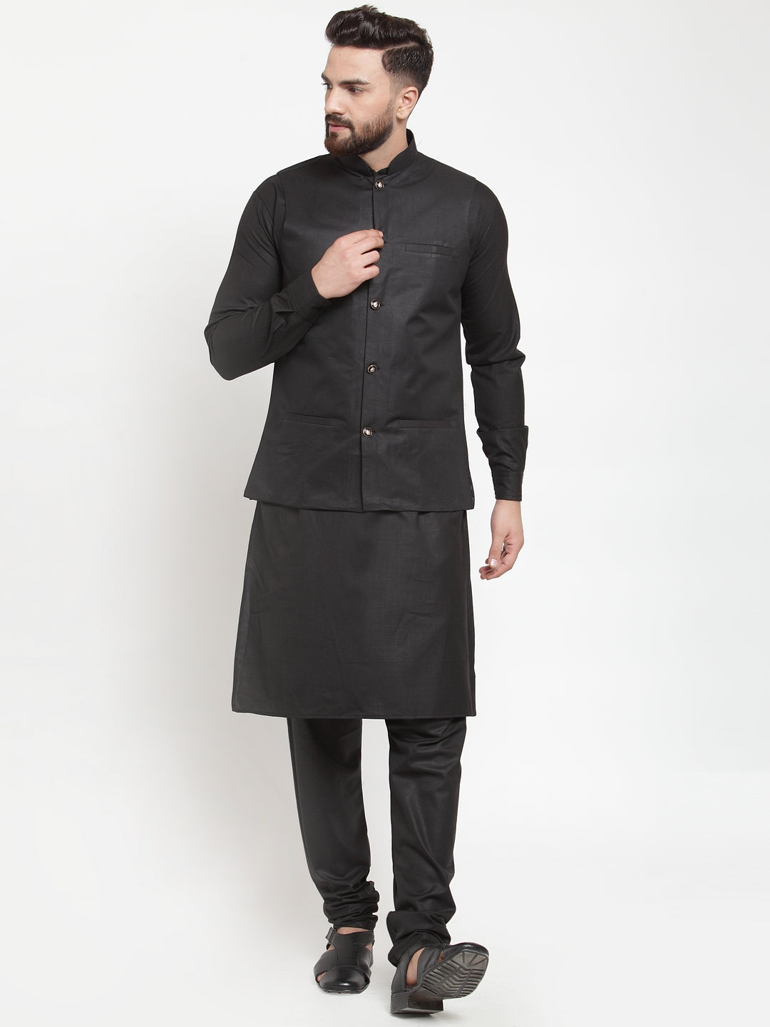 Jompers Men's Solid Kurta Pajama with Solid Waistcoat (Black) | Grocsy