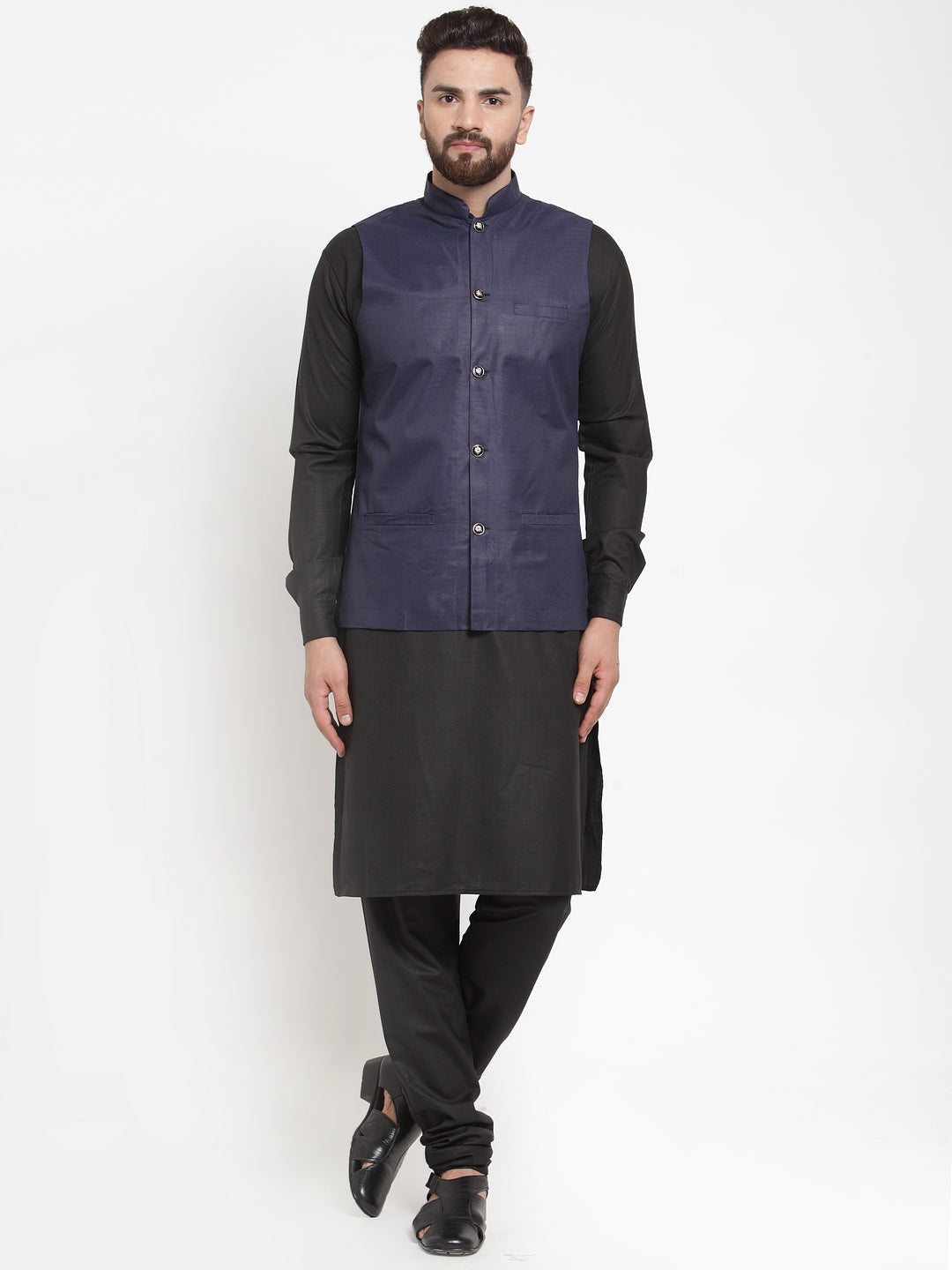 Jompers Men's Solid Kurta Pajama with Solid Waistcoat (Navy) | Grocsy