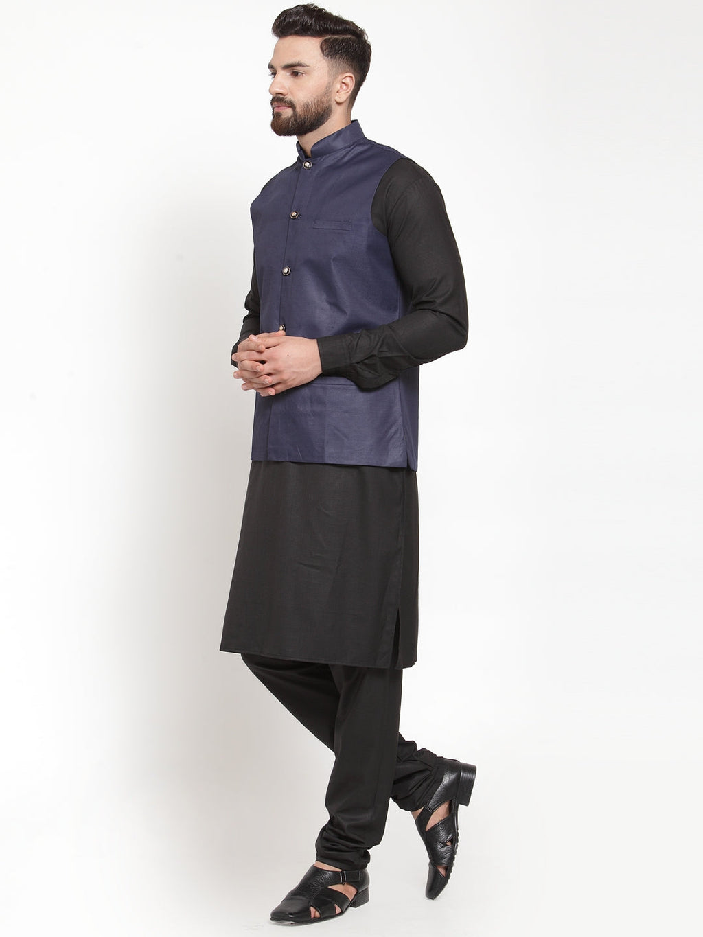 Jompers Men's Solid Kurta Pajama with Solid Waistcoat (Navy) | Grocsy