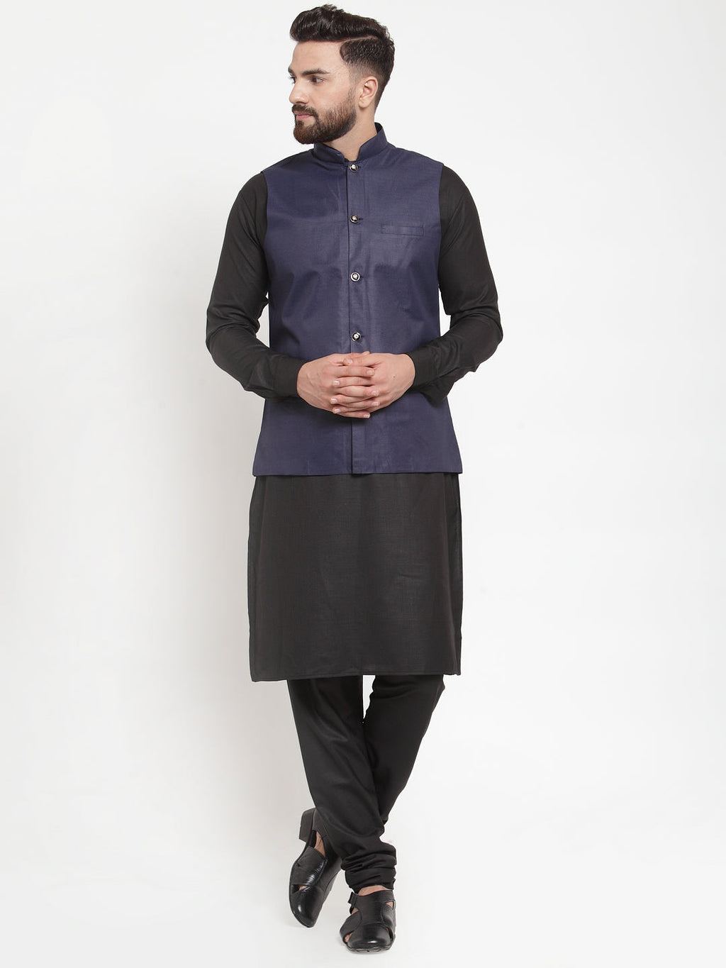 Jompers Men's Solid Kurta Pajama with Solid Waistcoat (Navy) | Grocsy